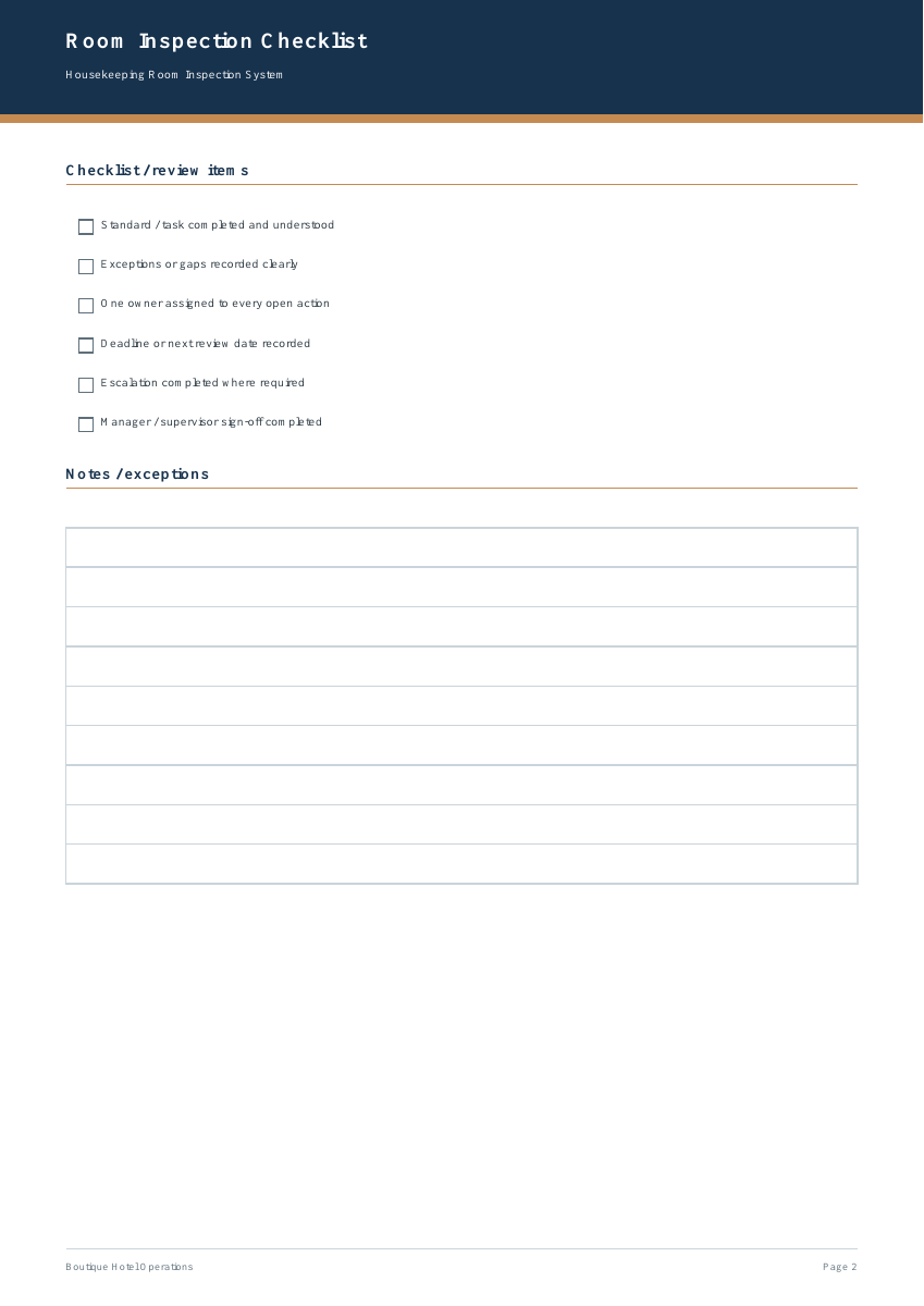Preview of the actual Room Inspection Checklist, with six review prompts and a notes area