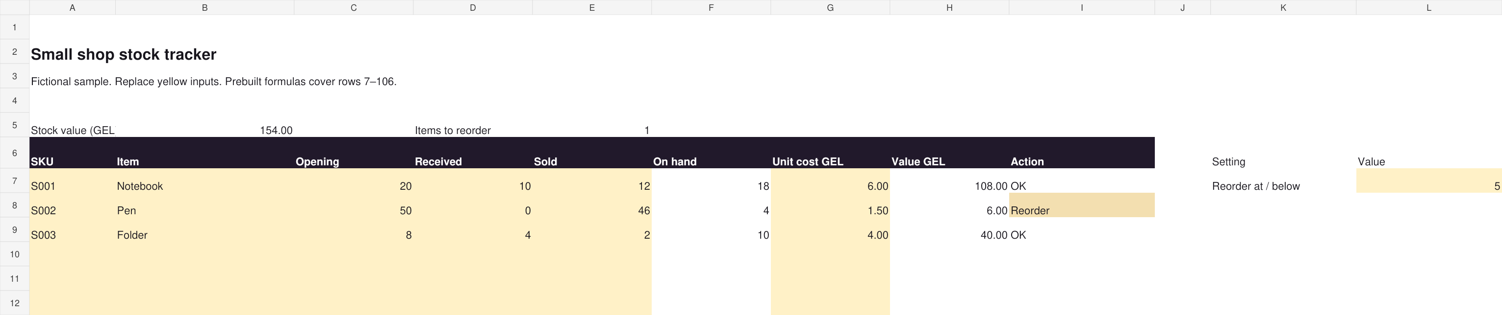 Stock tracker with editable input cells and calculated stock values