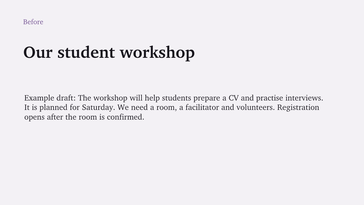Rough workshop slide with a long paragraph