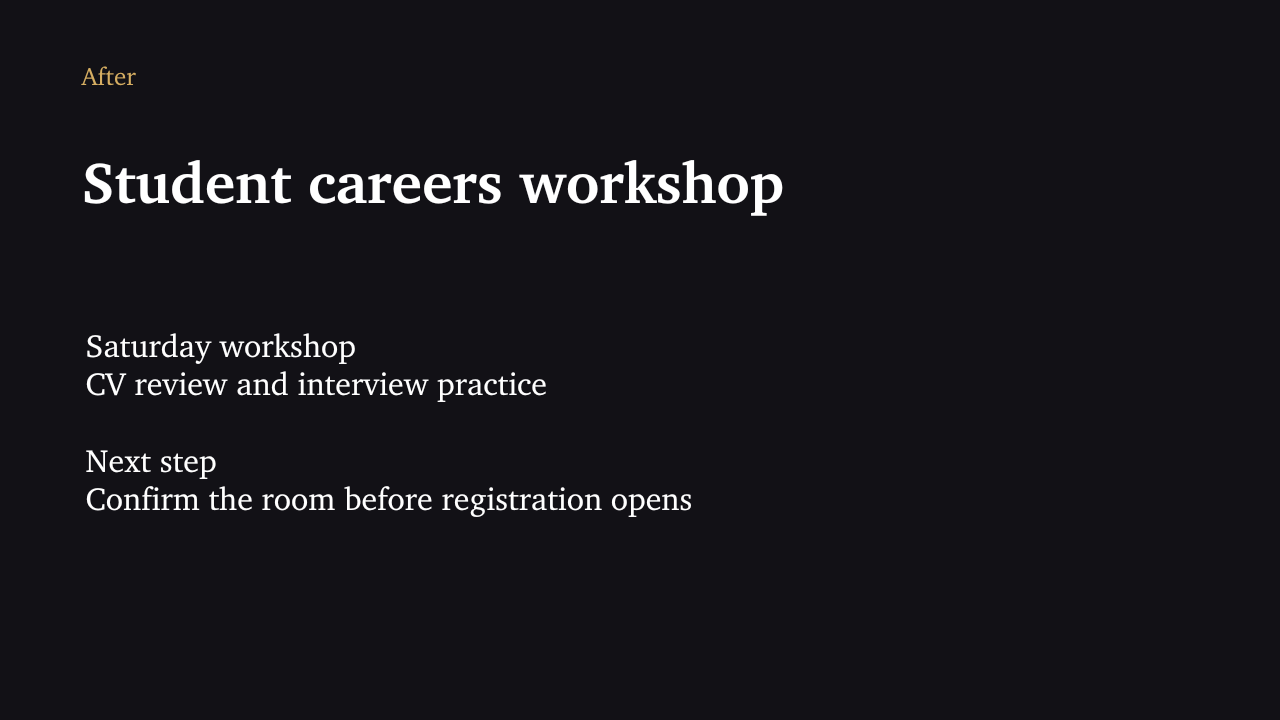 Redesigned workshop slide with clear event details and next step